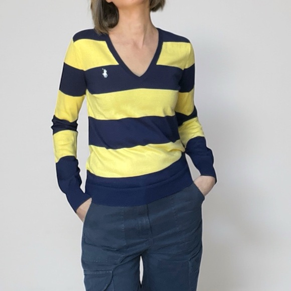 Y2K Ralph Lauren Sport Navy and Yellow Rugby Stripe V-Neck Sweater Pullover - Picture 1 of 10
